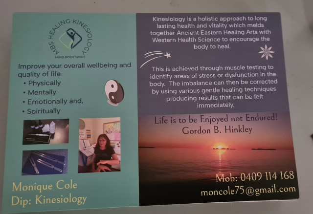 Kinesiology is good for clearing Physical and emotional challenges. Give it a go today and improve your overall health and well-being.